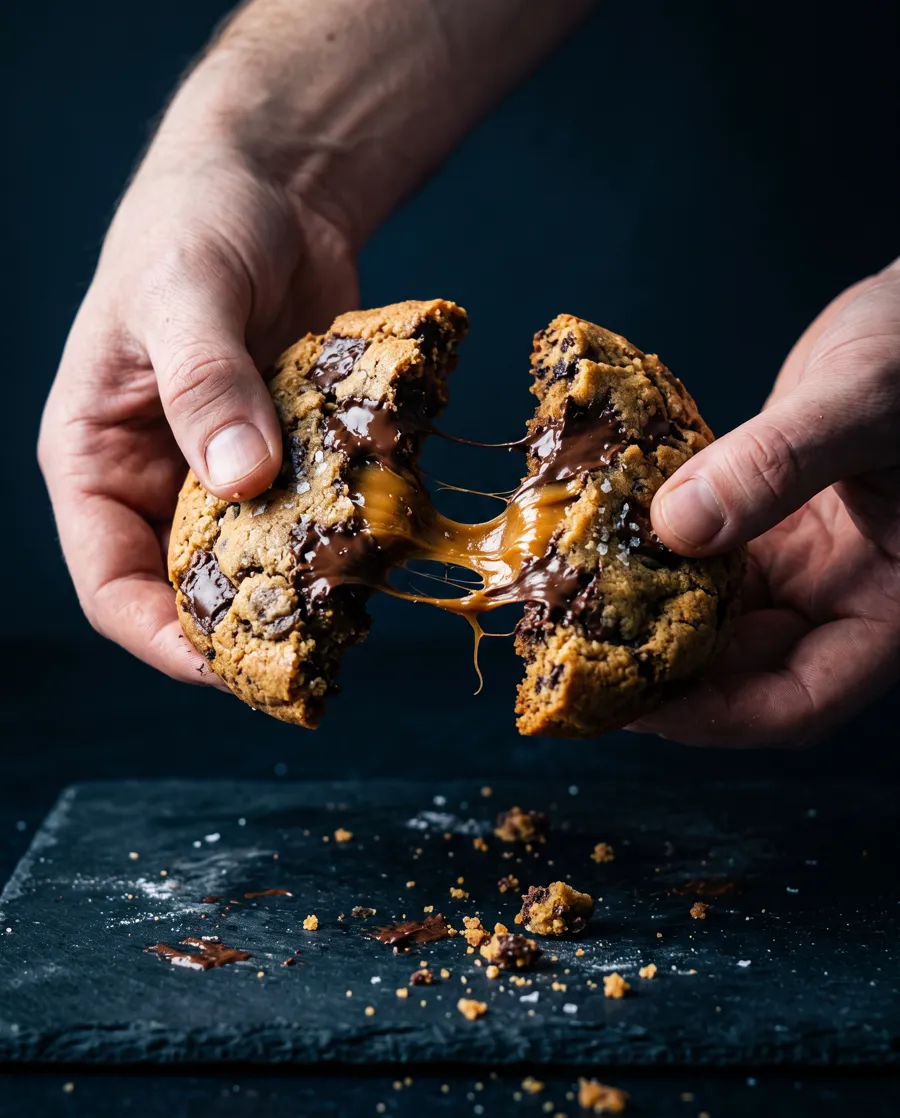 Cookie recheado sendo aberto ao meio, com o recheio escorrendo